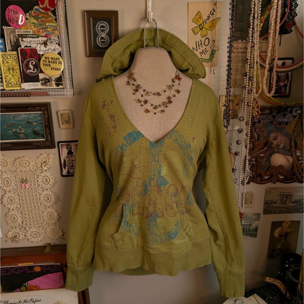Y2K Peace Sign Graphic V-Neck Hoodie Sweatshirt Women's XL Green